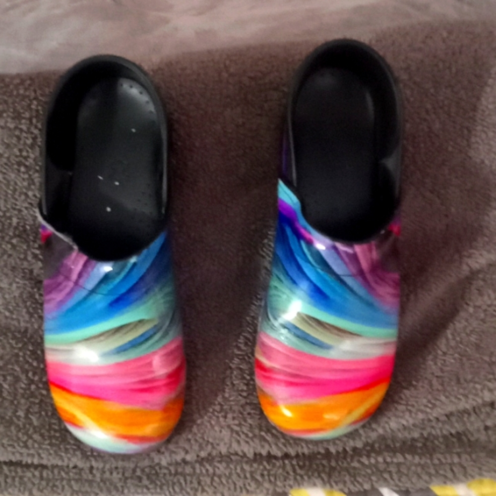 Dansko multi colored patent leather clogs